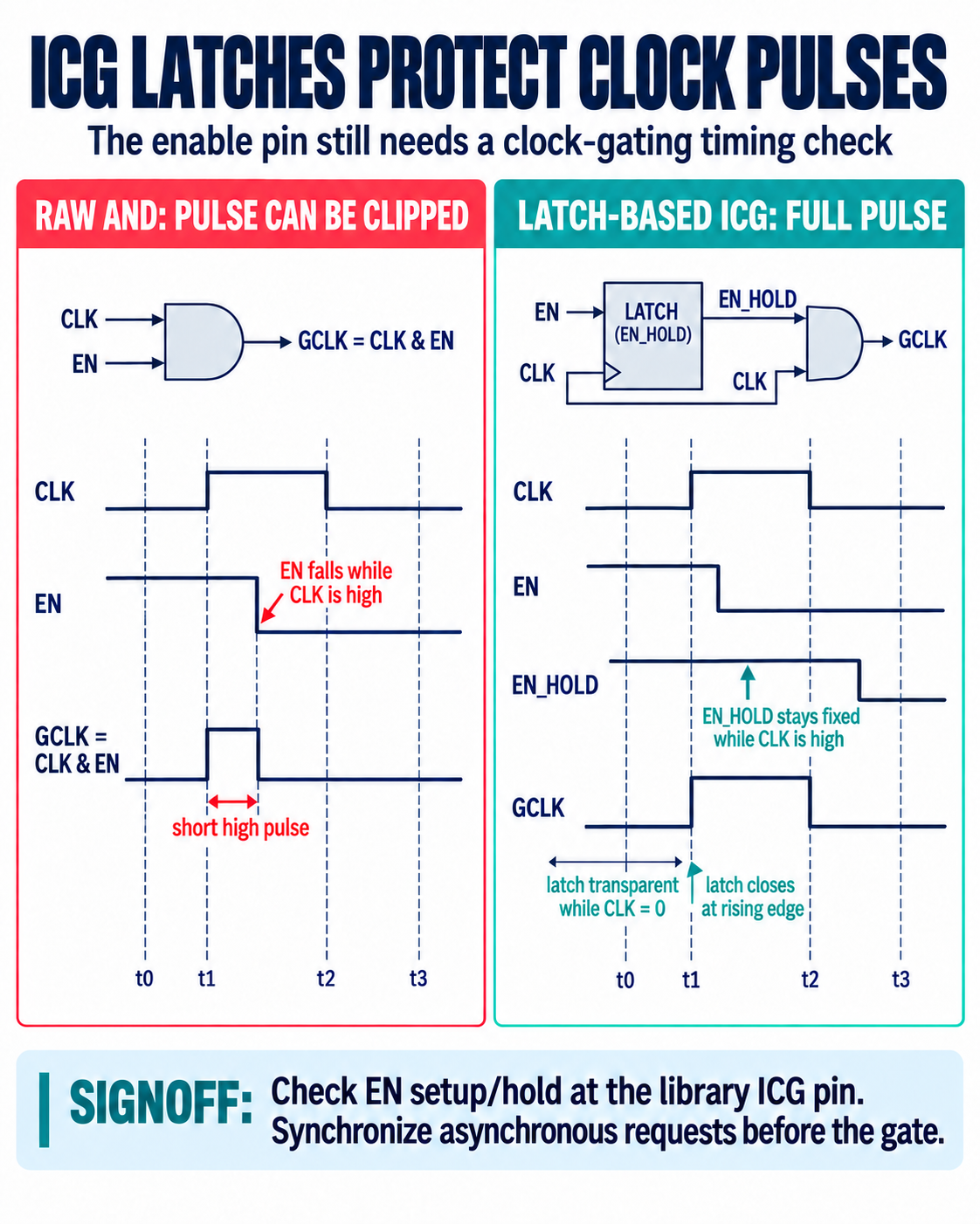 Latch-based ICG pulse integrity and enable clock-gating checks; ASIC versus FPGA clock-enable methodology 인포그래픽
