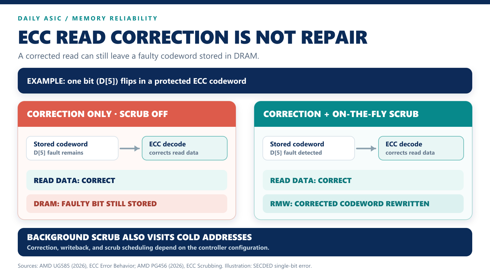 ECC corrected read versus stored-codeword repair and on-the-fly/background scrubbing 인포그래픽